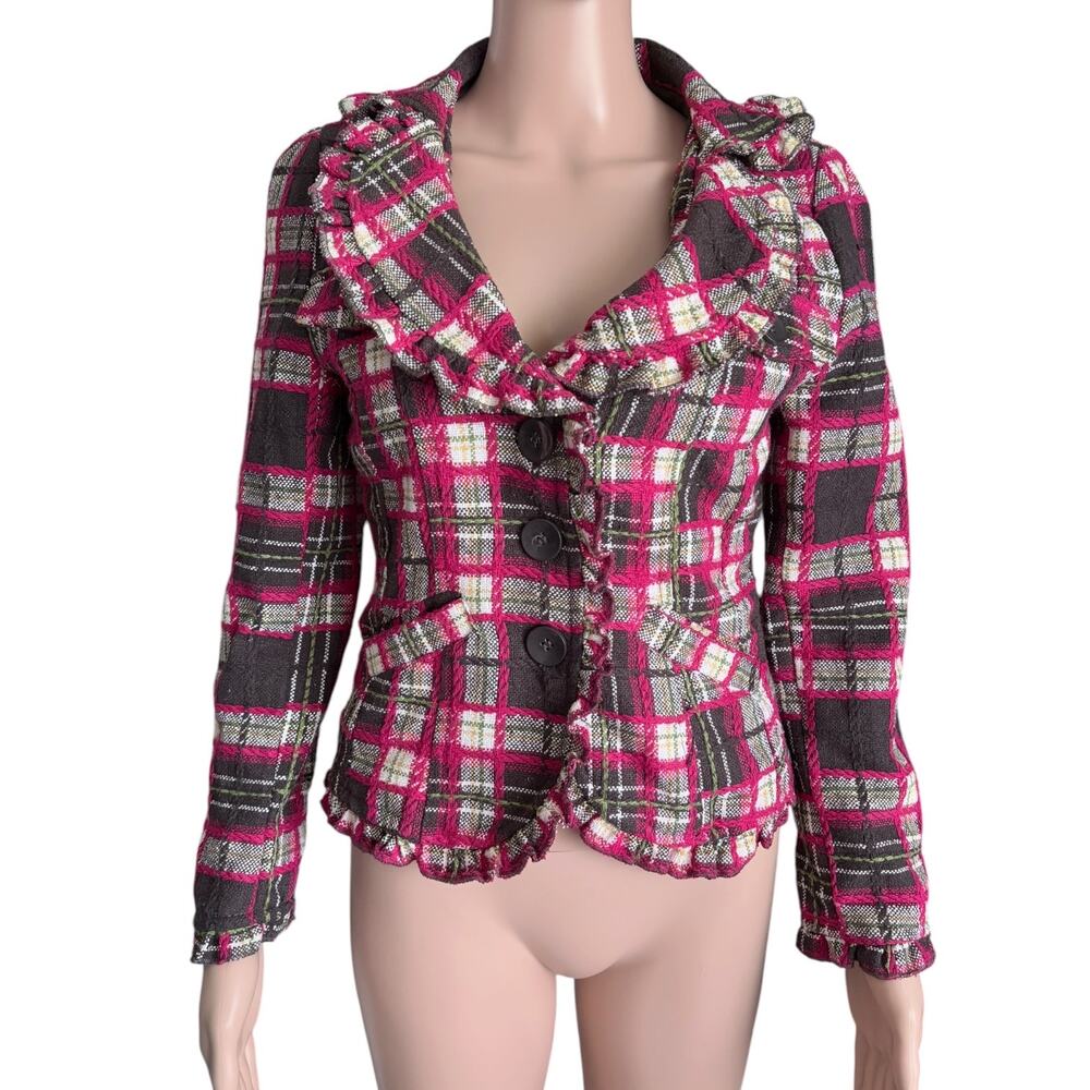 Body Central Y2K Pink Plaid Fitted Blazer Jacket S Ruffle Trim Barbiecore Preppy